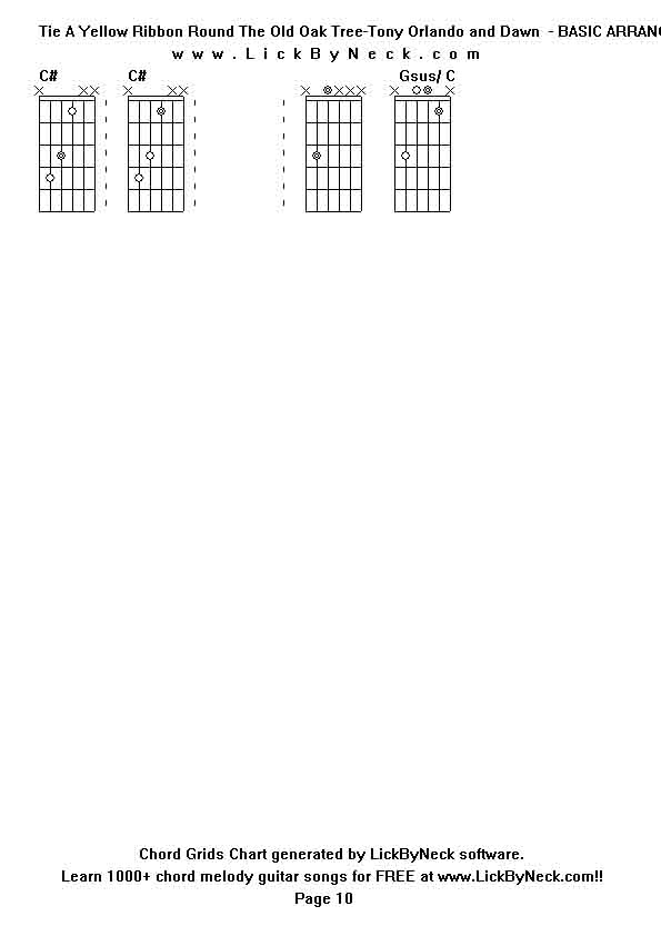 Chord Grids Chart of chord melody fingerstyle guitar song-Tie A Yellow Ribbon Round The Old Oak Tree-Tony Orlando and Dawn  - BASIC ARRANGEMENT,generated by LickByNeck software.